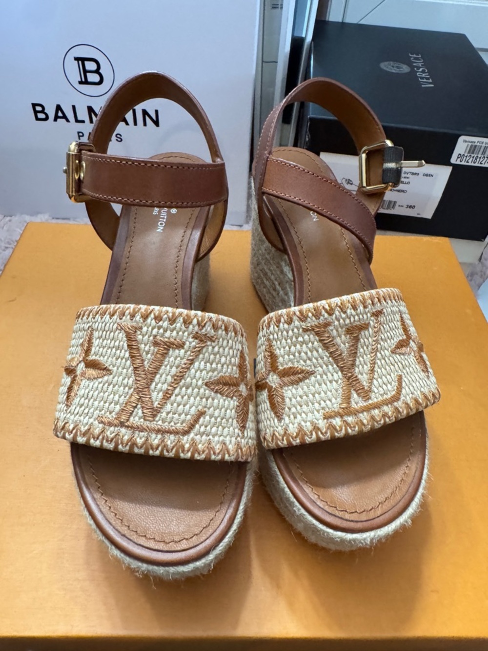 Louis Vuitton Tan and Natural Woven Platform Wedges - Picture 2 of 3